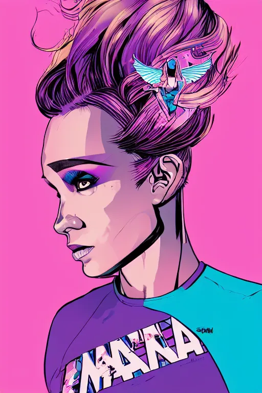 Image similar to a award winning half body porttrait of a beautiful woman in a croptop with ombre purple pink teal hairstyle with head in motion and hair flying by marvel comics and sandra chevrier, outrun, vaporware, illustration, digital art, trending on artstation, highly detailed, fine detail, intricate