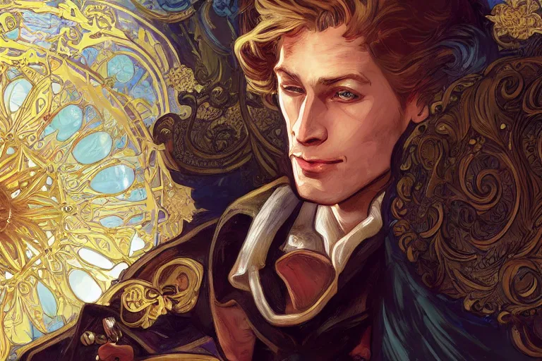 Image similar to Guybrush Threepwood, cute, fantasy, intricate, elegant, highly detailed, digital painting, 4k, HDR, concept art, smooth, sharp focus, illustration, art by alphonse mucha