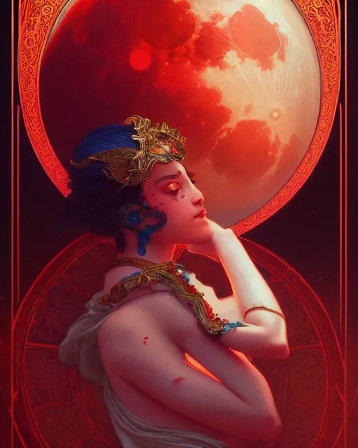 Prompt: painting of the blood moon, decorated, intricate, elegant, highly detailed, digital painting, artstation, concept art, smooth, sharp focus, illustration, art by artgerm and greg rutkowski and alphonse mucha, 8 k