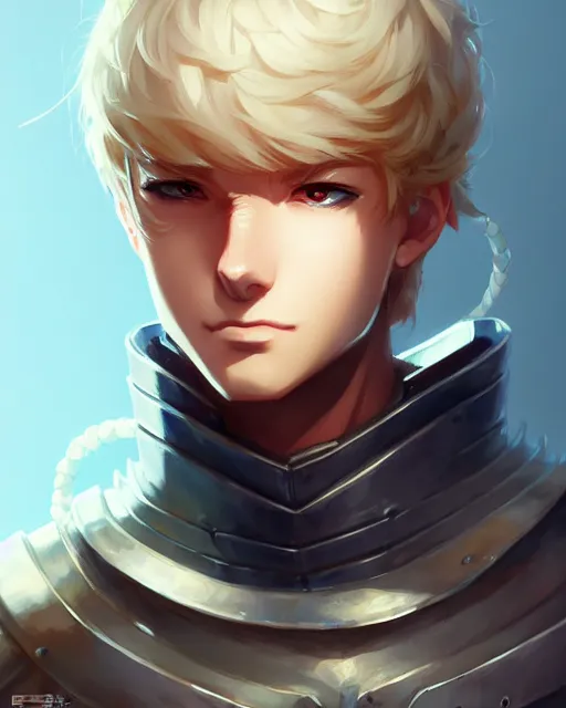 Image similar to portrait of a male knight, street clothes, fantasy, face like ester exposito, blonde shinkai makoto studio ghibli studio key hideaki anno sakimichan stanley artgerm lau rossdraws james jean marc simonetti elegant highly detailed digital painting artstation pixiv