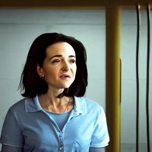 Prompt: Movie still of Sheryl Sandberg in a prison cell in Superpumped, directed by Steven Spielberg