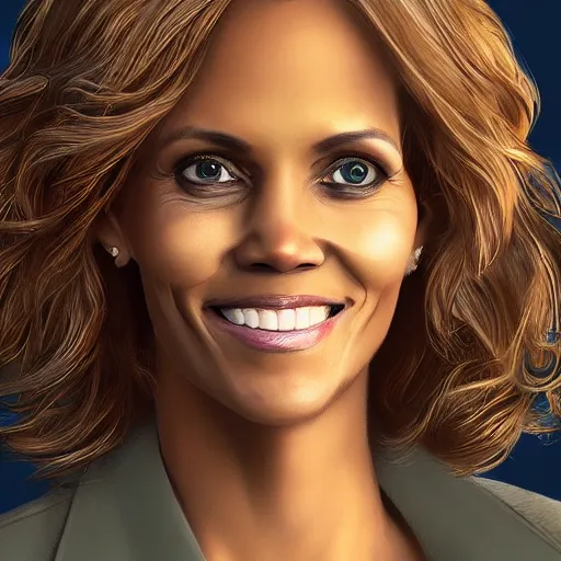 Prompt: portrait of maci holloway, first woman elected as president in usa, cold but beautiful, about 3 5 years old, highly detailed, mix of halle berry and julia roberts, artstation hd, deviantart, by artgem