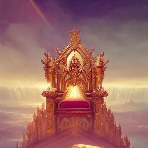 Image similar to a throne in heaven. On the throne sat someone who shone like a diamond or a ruby. Around the throne, a rainbow shone like an emerald. ,digital Art, hiperrealist Detailed, cinematographic, artstation Greg rutkowski