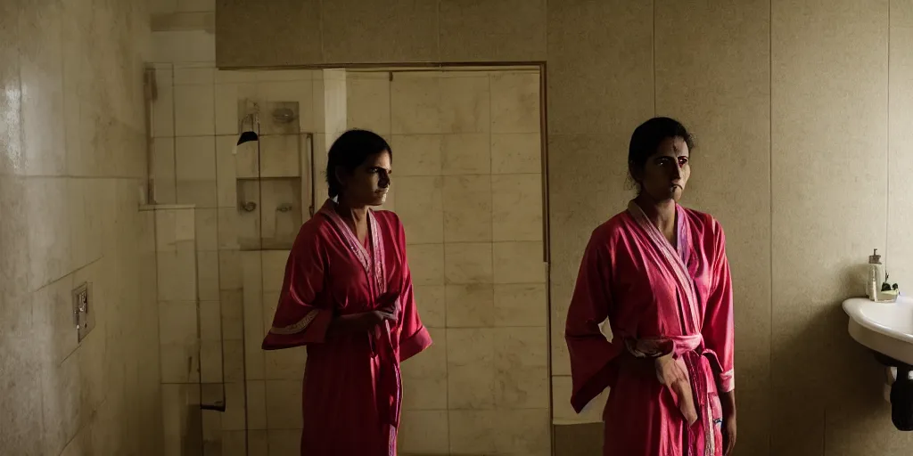 Prompt: sri lankan woman in the bathroom, wearing a bath robe, film still, psycho thriller movie style