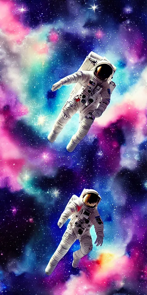 Image similar to oriental water color of a female astronaut, floating through the void of space, stars are spread out, anime movie, highly detailed