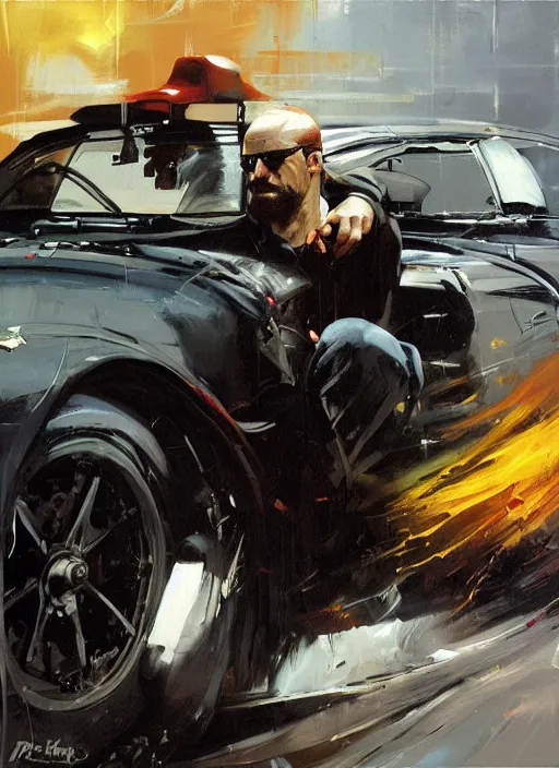 Prompt: dr. disrespect, driving car, reckless, painting by phil hale, fransico goya,'action lines '!!!, graphic style, visible brushstrokes, motion blur, blurry, visible paint texture, crisp hd image