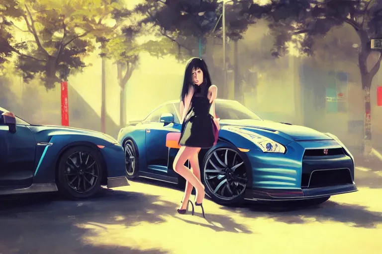 Image similar to A ultradetailed beautiful panting of a stylish girl standing in front of a Nissan GTR, Oil painting, by Ilya Kuvshinov, Greg Rutkowski and Makoto Shinkai