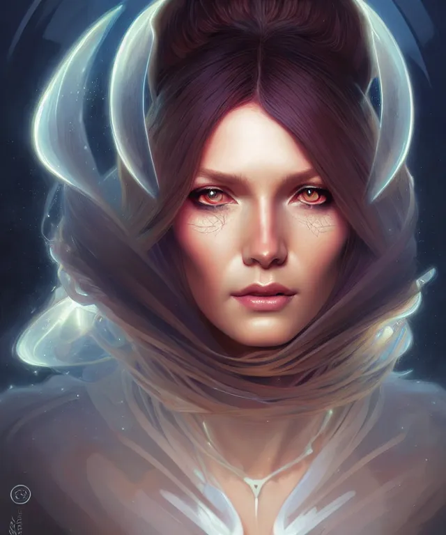 Image similar to futuristic woman portrait, sci-fi, amber eyes, face, long hair, fantasy, intricate, elegant, highly detailed, digital painting, artstation, concept art, smooth, sharp focus, illustration, art by artgerm and greg rutkowski and alphonse mucha