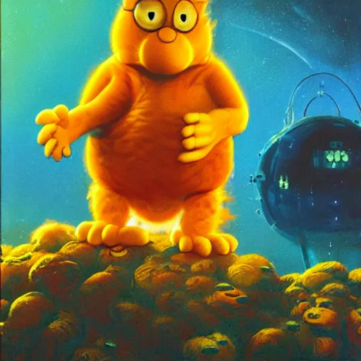 Image similar to a large anthropomorphic garfield by paul lehr and moebius