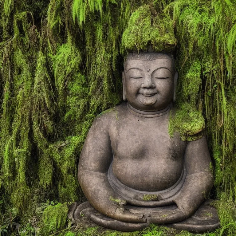 Prompt: smiling buddha statue in the jungle decaying lost to the ravages of time mossy destruction immense knowledge infinite color dmt art