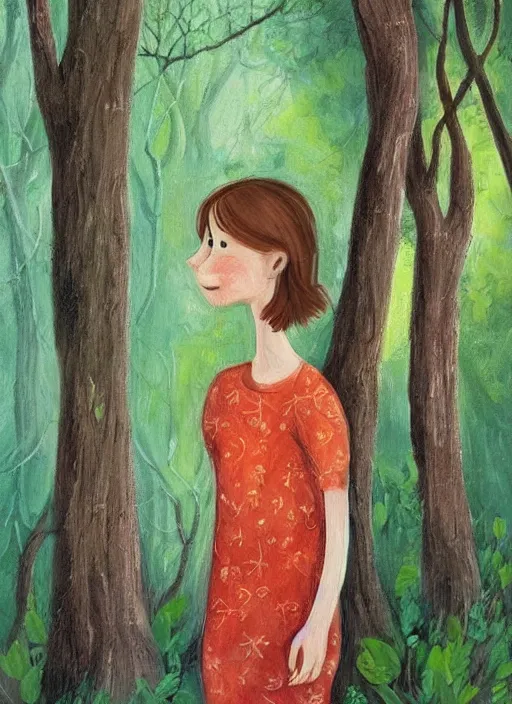 Image similar to a wonderful childrens illustration portrait painting of a woman in a forest with serene emotion, art by tracie grimwood, forest, trees, many leaves, birds, whimsical, aesthetically pleasing and harmonious natural colors