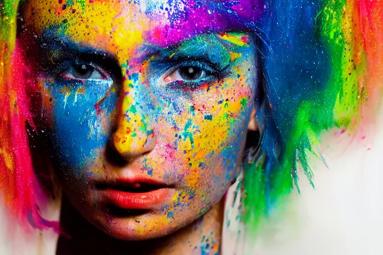 Image similar to a highly detailed cinematic headshot portrait photograph of a woman with a liquid paint headdress, with rainbow paint splash, melting smoothly into other faces, liquid, ultra realistic, beautiful rim lighting, by richard avedon and annie leibovitz and arnold newman, photorealistic, hyperrealistic, octane, high speed camera, zeiss lens, sharp focus, paint splash