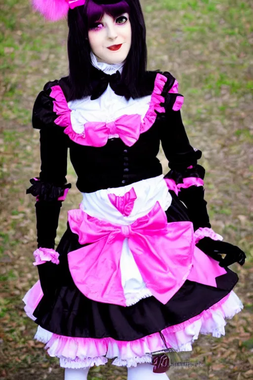 Image similar to Catgirl with black fur, pink hair, and pink eyes in Gothic Lolita maid costume wearing small top hat