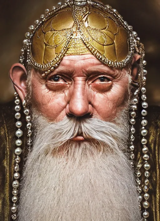 Image similar to hyperrealism, detailed textures, award winning autochrome photo, symetrical old bearded man pearl medusa king autochrome pearl portrait, pearl silverplate, intricate, detailed facial pearl animal mask, pearl, golden jewelery, silverplate, ultra realistic, cinematic, intricate, cinematic light by steve mccurry, unreal engine 8 k