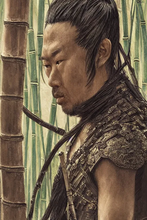 Image similar to close up of samurai warrior in a bamboo forest, by greg rutkowski, intricate details, highly detailed