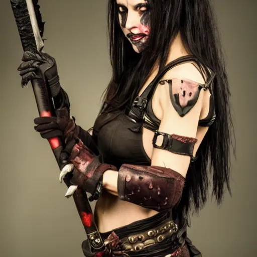 Prompt: photo of a female vampire warrior with weapons, highly detailed