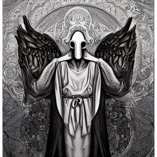 Image similar to 4K headshot portrait of godlike Plague Doctor of Nazareth with defined arms and open hands and bloody clothes with giant mandala wings , intricate face , flawless anime cel animation by Kentaro Miura, psychedelic , highly detailed upper body , professionally post-processed , beautiful, scary, symmetry accurate features, epic, octane rendered, anime masterpiece, accurate by Craig Mullins, ilya kuvshinov, krenz cushart, epic , artgerm trending on artstation by Edward Hopper and Dan Mumford and WLOP and Rutkovsky, beksinski carl spitzweg moebius and tuomas kocar, intricate artwork by caravaggio, Unreal Engine 5, Lumen, Nanite