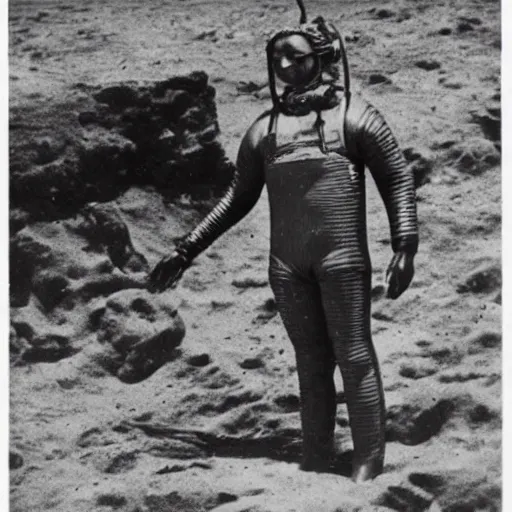 Image similar to detailed photo of a diver wearing an early diving suit. the diver is playing an electric guitar on the moon. old diving suit pictures. old diving suit. early diving suit. old diving suit photos. detailed