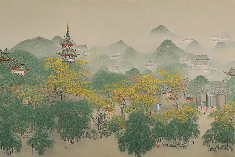 Image similar to an ultradetailed landscape painting of scenic westlake in china hangzhou, light yellow may flowers blossoms nearby, pagodas faraway, autumn wind, chinese water color, smooth, by hilma af klint