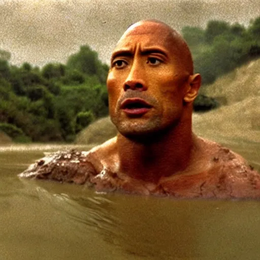 Image similar to film still, close up, dwayne johnson rising out of muddy vietnam river, face covered in mud, low camera angle at water level, night time, film still from apocalypse now ( 1 9 7 9 ), 2 6 mm