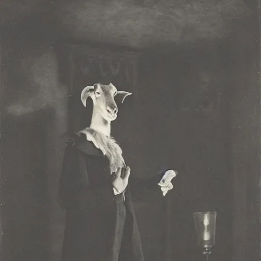 Prompt: Photo of a goat-headed victorian-style magician in a dimly lit room of a gothic castle