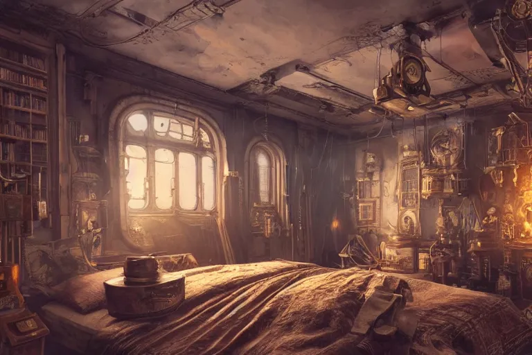 Prompt: interior of a steampunk bedroom, 3d scene, render, ultra realistic, zenith view, Greg Rutkowski, artstation, cgsociety, level design, unreal engine alien whale flying over a steampunk city, 3d scene, render, ultra realistic, zenith view, Enki Bilal style