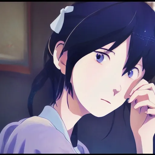 Image similar to beautiful closeup anime painting of a young woman with dark blue hair drinking tea, by makoto shinkai, kimi no na wa, artstation, atmospheric, high detail