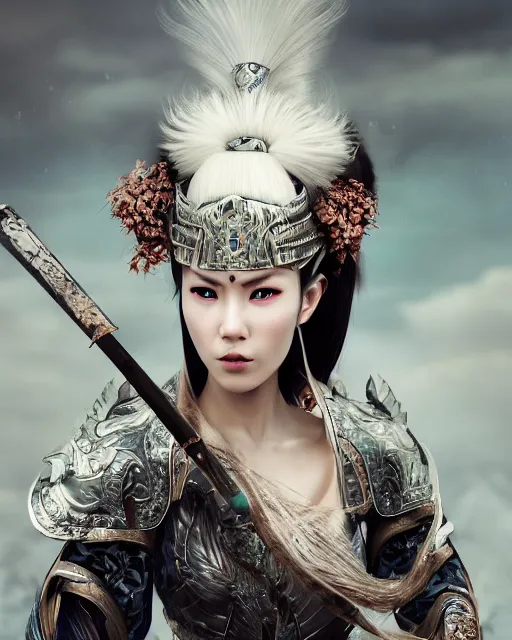 Image similar to full body portrait fashion editorial of beauty charming woman as a warrior godly princess in feudal japan, clear makeup, clean hair, dry skin, clear skin, airbrushed, bright eye makeup, femine warrior body, photo by mario testino, 8k octane render, cinematic, hyper detailed, micro details, insanely detailed, trending on artstation, concept art, Peter Paul Rubens and Peter Mohrbacher style