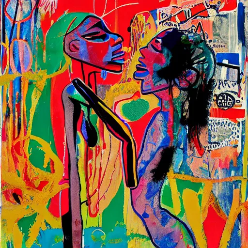 Prompt: acrylic painting of two bizarre psychedelic women kissing in japan in summer, speculative evolution, mixed media collage by basquiat and jackson pollock, maximalist magazine collage art, sapphic art, psychedelic illustration