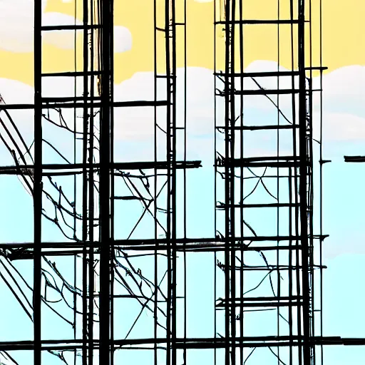 Prompt: Complex scaffolding above pastel colored clouds, digital art