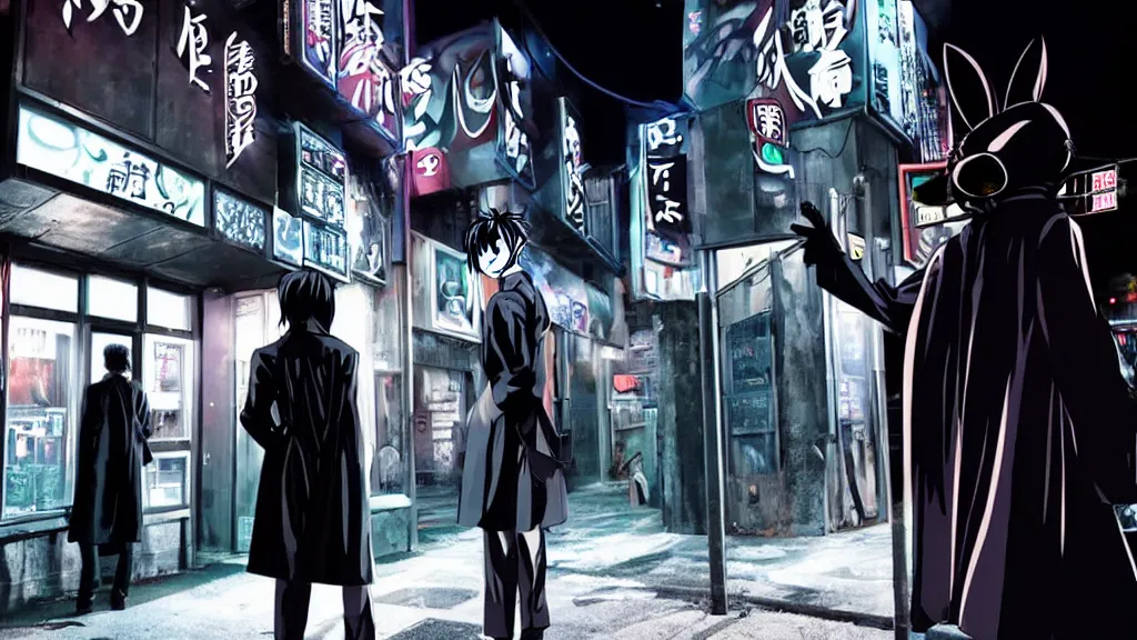 Prompt: a man wearing a black trench coat and black rabbit mask standing outside a night club, anime film still from the movie directed by Junji Ito, wide lens