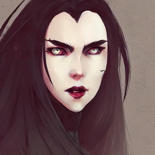 Image similar to female human vampire witch in the style of greg rutkowski, makoto shinkai, trending on artstation, character design, concept art, pretty face, highly detailed, long black hair, portrait, digital art