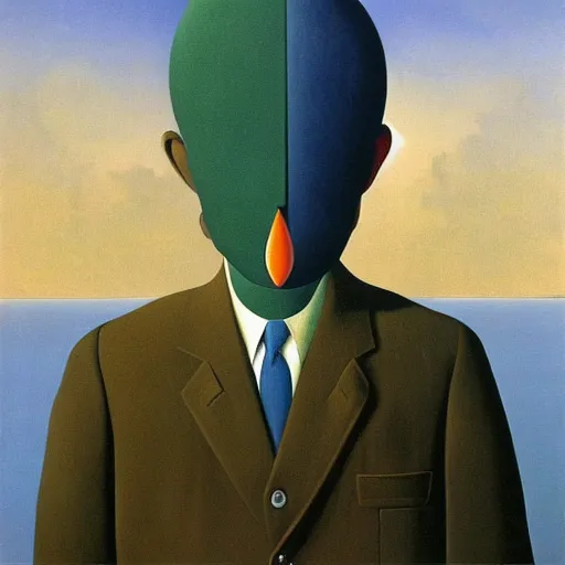 Image similar to surrealist painting of a man with a trunk for a nose, René Magritte