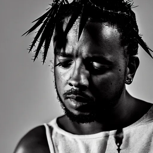 Prompt: A closeup photo of Kendrick Lamar wearing a crown of thorns with tears running down his eyes, 8K, black and white