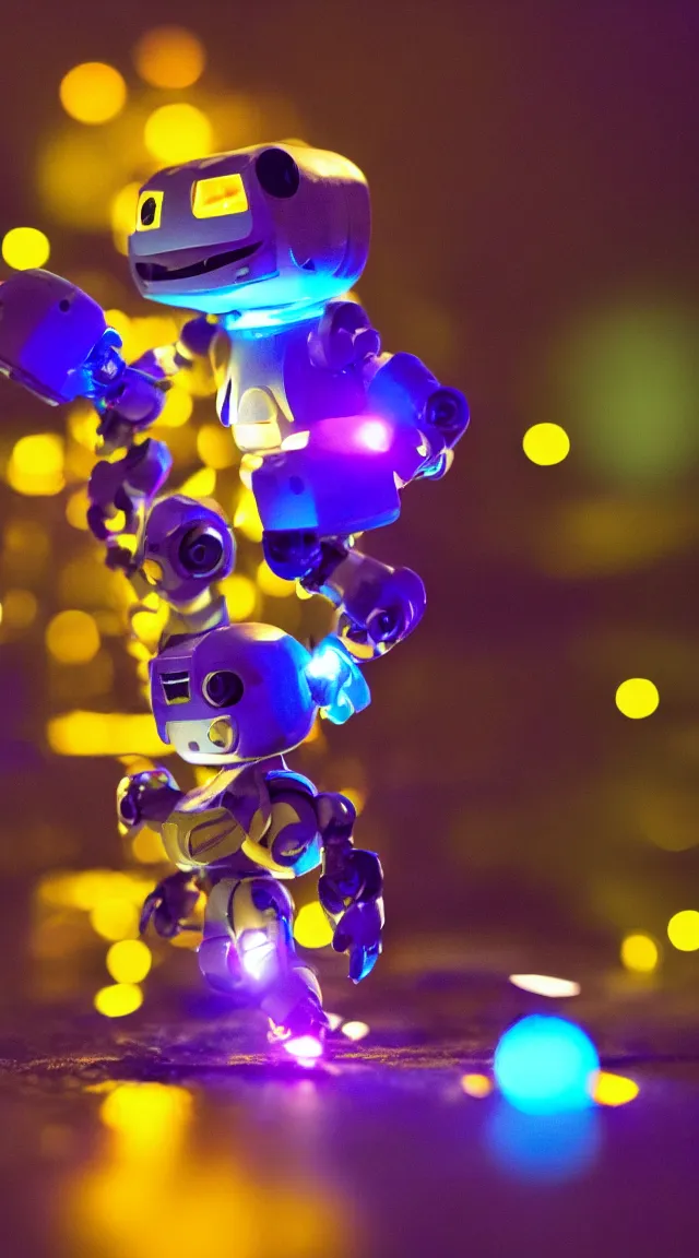 Image similar to tiny robot in the dark, hrd, hyperrealistic, hyper detailed, tiny, lights, bokeh, yellow, purple, blue,