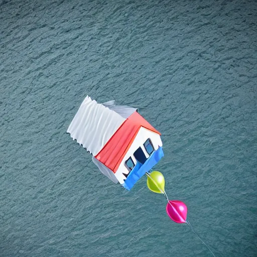 Prompt: floating house lifted in sky by balloons