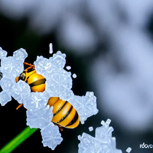 Image similar to a bee finding a beautiful flower made of snowflakes in antarctica, only snow i the background, beautiful macro photography, ambient light