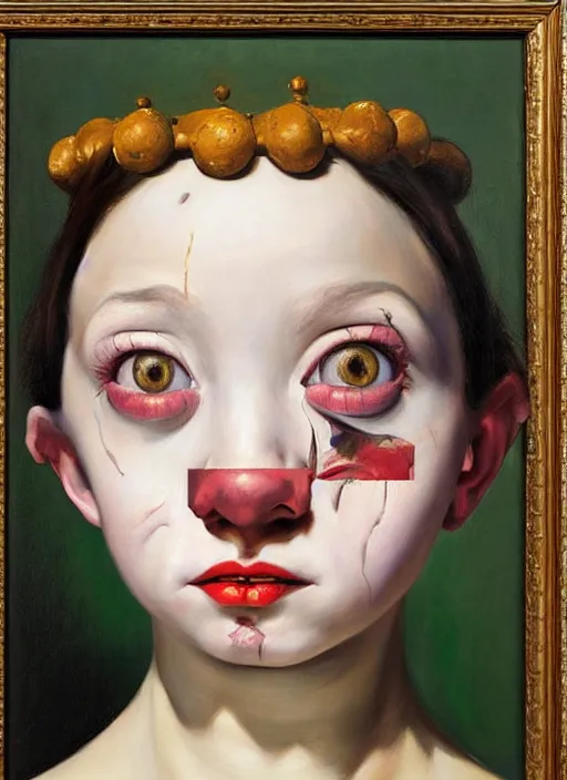 Prompt: Oil painting - portrait of a cross-eyed jester girl by Jenny Saville, Masterpiece, Edward Hopper and James Gilleard, Mark Ryden, Wolfgang Lettl highly detailed, hints of Yayoi Kasuma