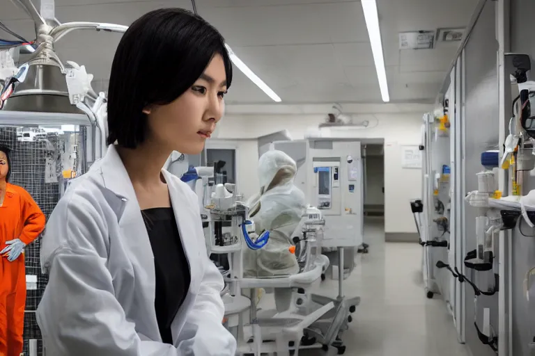 Prompt: a photograph of a beautiful young asian woman wearing an orange prison jumpsuit standing in a laboratory surrounded by sci fi medical equipment, cinematic lighting, sci fi, futuristic