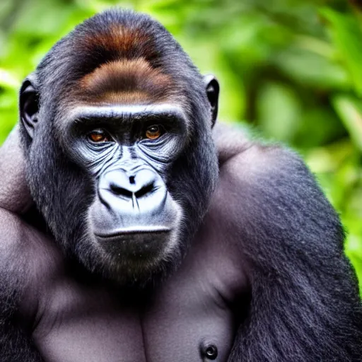 Image similar to portrait photo of a curious silverback gorilla with joe biden's facial features looking into the camera, indoors, f 1. 4, golden ratio, rim light, top light, overcast day