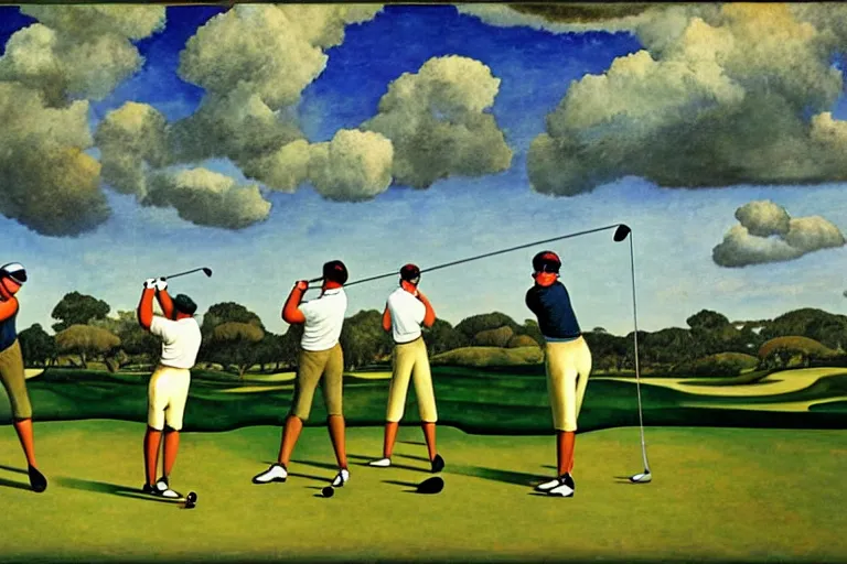 Image similar to Three golfers on a beautiful golf course driving range, by Diego Rivera