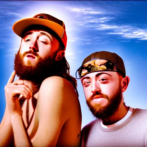 Image similar to a ultra detail picture portrait of Mac Miller and Jesus smoking a joint in heaven, 8k, photorealistic