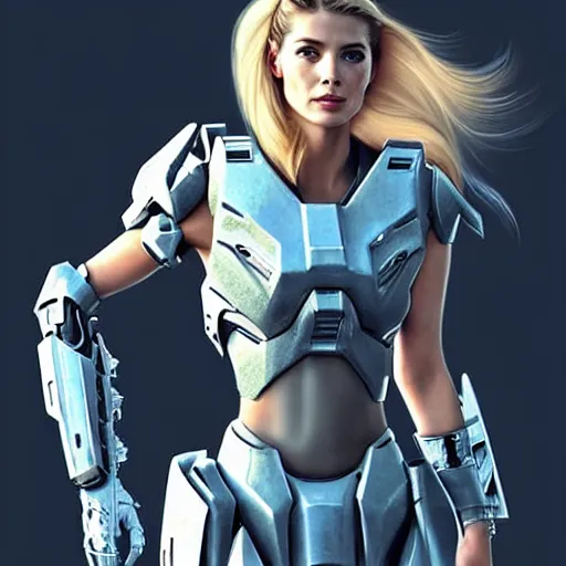 Image similar to A combination of Ashley Greene's and Adriana Dxim's and Grace Kelly's appearances with blonde hair wearing Forerunner armor from Halo, high tech, action shot, angular, full body portrait, futuristic, dramatic, fantasy, intricate, elegant, highly detailed, artstation, matte, sharp focus, 8K, art by Artgerm and Greg Rutkowski and Alphonse Mucha