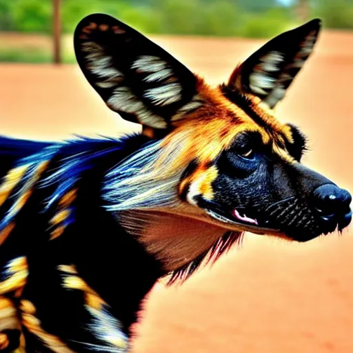 Image similar to A photo of the world's greatest showman: the african wild dog dressed in a hat!