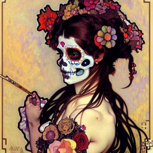 Image similar to realistic detailed painting of a cute punk Día de los Muertos girl by Alphonse Mucha Egon Schiele Ayami Kojima Amano Charlie Bowater, masterpiece