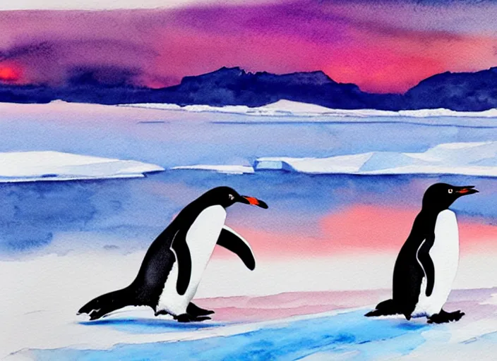 Image similar to a penguin sliding on the ice floe, watercolor, highly detailed, sunset light