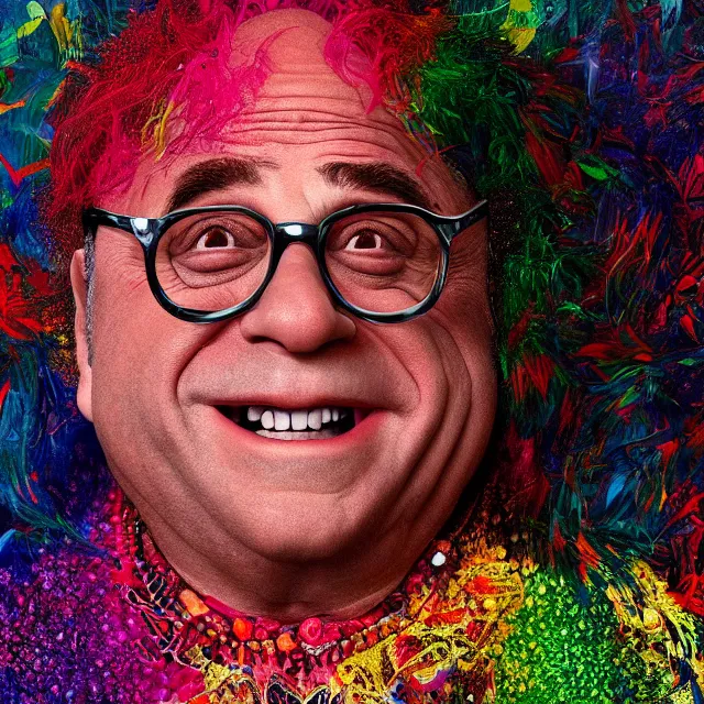 Prompt: danny devito made with fractal gems, fractal crystals, very intricate, hyper realistic, octane render, very colorful, vibrant, cinematic, amazing details, by basquiat
