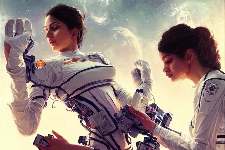 Image similar to Sensual beautiful female pale young Indian doctors wearing Deus Ex clothing in a space station above Earth, portrait, elegant, intricate, digital painting, artstation, concept art, smooth, sharp focus, illustration, art by artgerm and greg rutkowski and alphonse mucha
