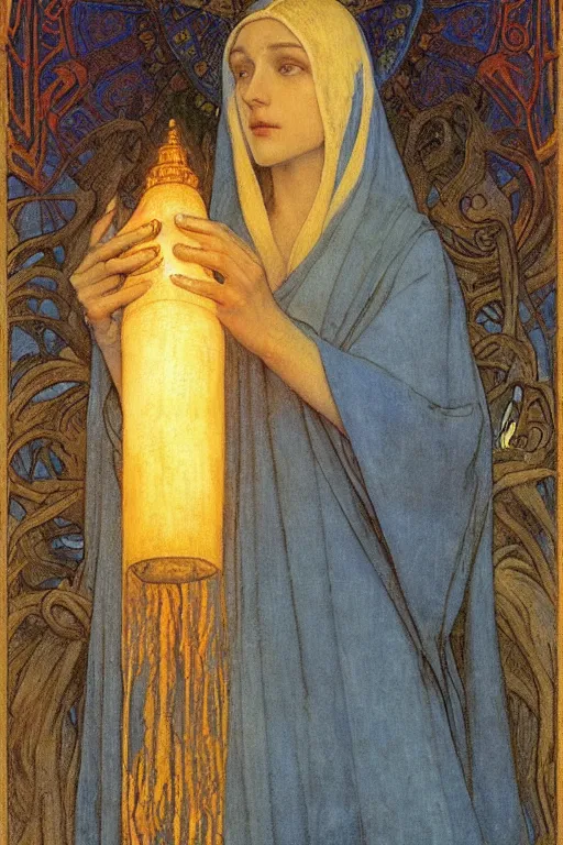 Prompt: queen of the new dawn with her lantern, by Annie Swynnerton and Nicholas Roerich and jean delville, dramatic cinematic lighting , ornate headdress , flowing robes, lost civilizations, extremely detailed