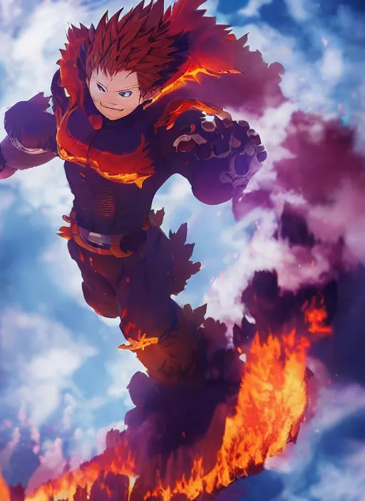 Image similar to Endeavor from my hero academia have flame wings and posing, anime, hyper realism, dark atmosphere, cinematic shot, intricate, ornate, photorealistic, ultra detailed, realistic, 100mm, photography, octane, high definition, depth of field, bokeh, 8k, artstation